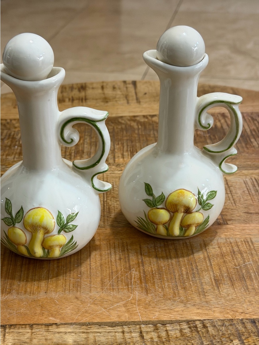 Vintage 1996 Hand Crafted Ceramic Yellow 3D Mushroom Vinegar Oil Cruets